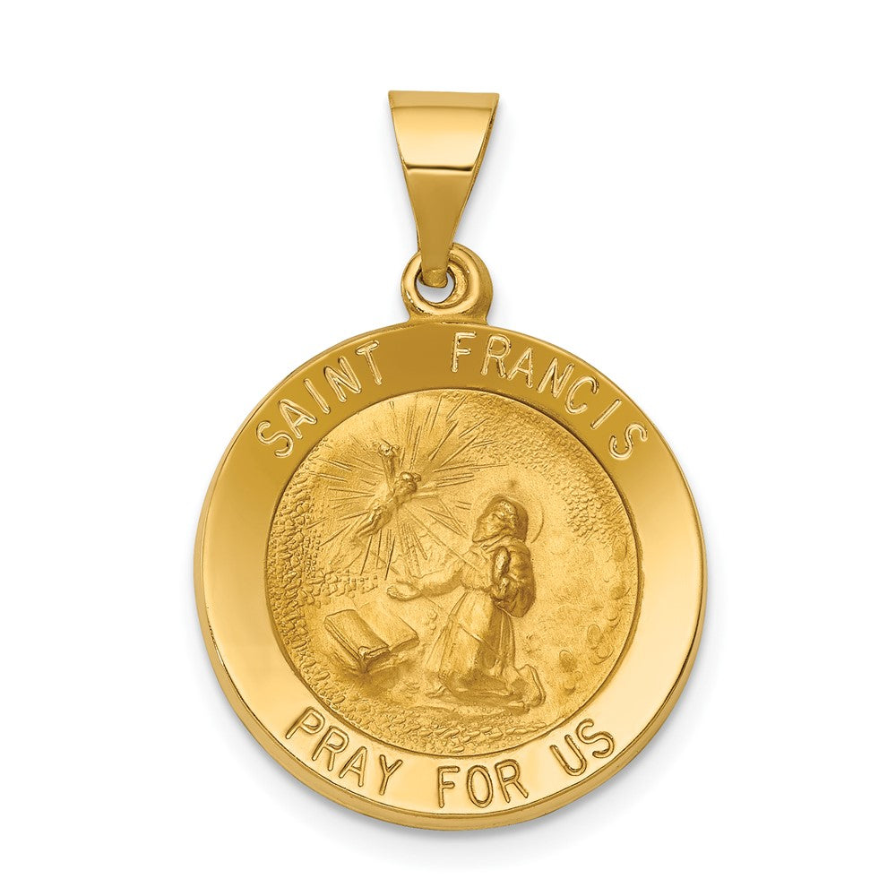14k Yellow Gold Polished and Satin St Francis Medal Hollow Engravable Charm Pendant Jewelry Gifts (Length 1.04" Width 0.71")