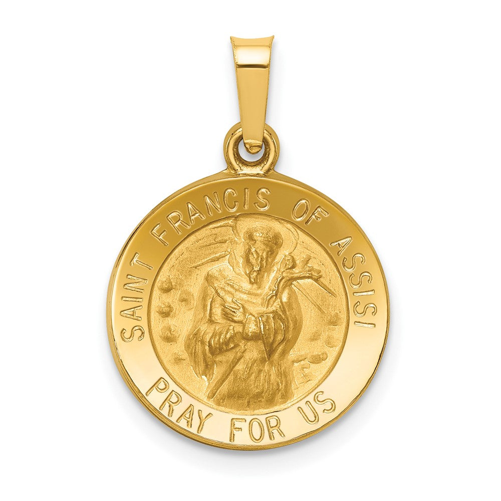14k Yellow Gold Polished and Satin St Francis of Assisi Medal Hollow Engravable Charm Pendant Jewelry Gifts (Length 0.86" Width 0.6")