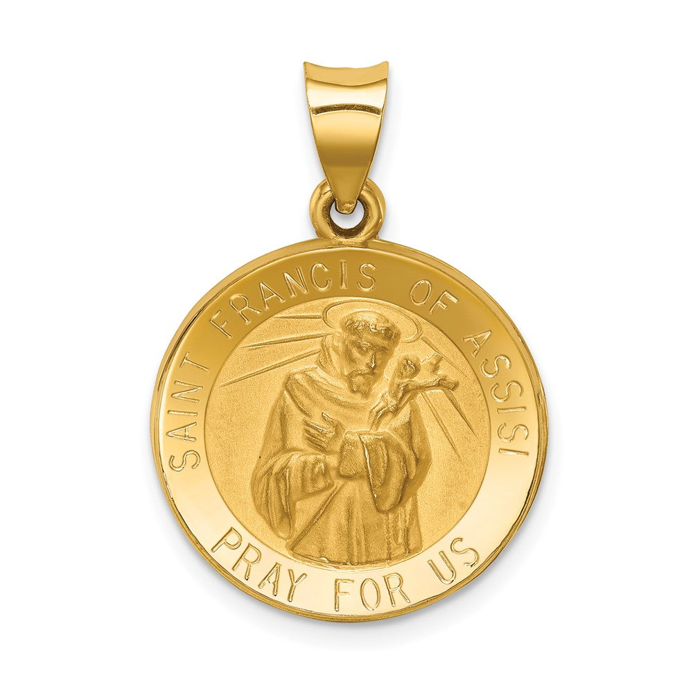14k Yellow Gold Polished and Satin St Francis of Assisi Medal Hollow Engravable Charm Pendant Jewelry Gifts (Length 1.04" Width 0.74")