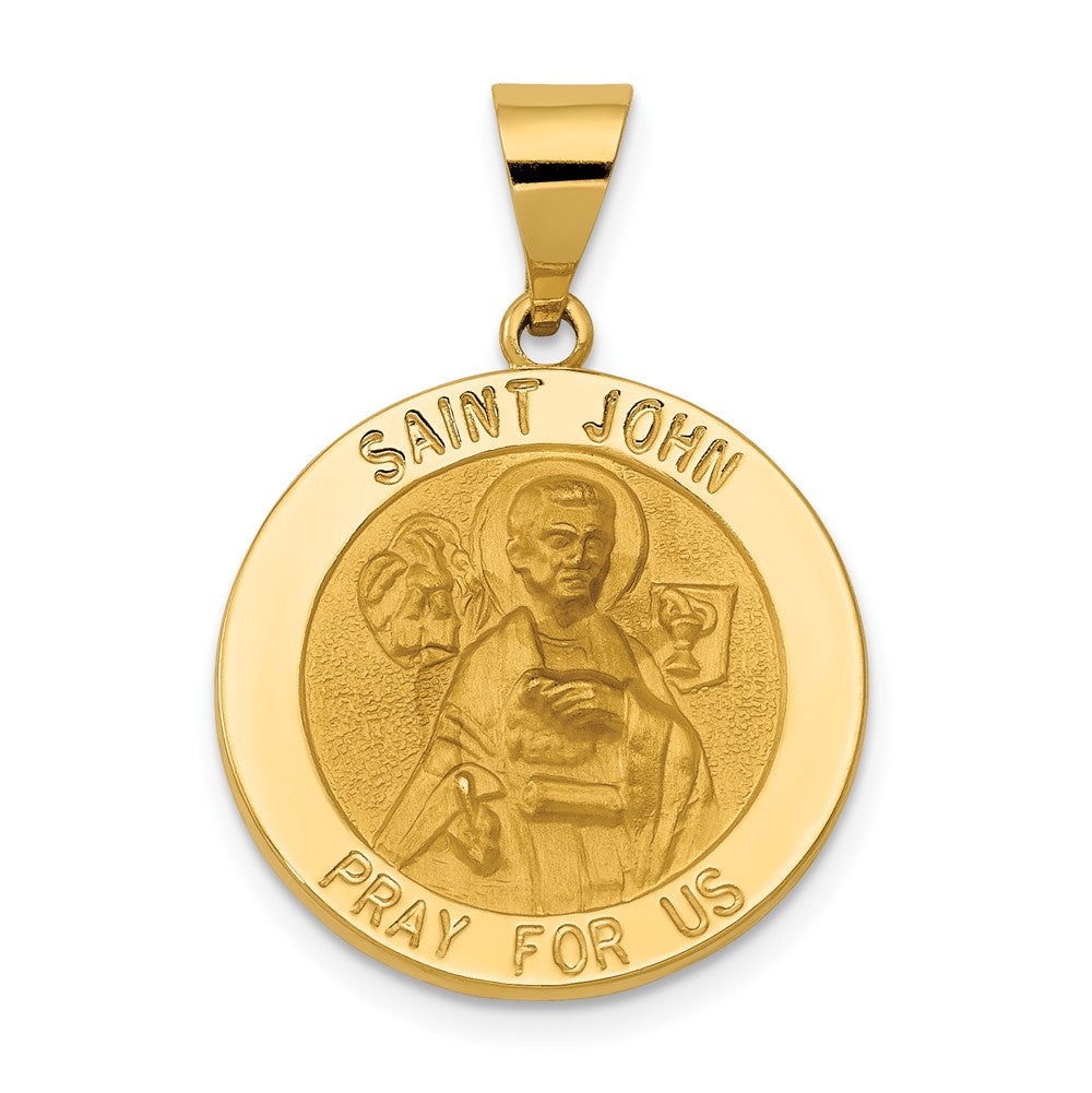 14k Yellow Gold Polished and Satin St John Medal Hollow Engravable Charm Pendant Jewelry Gifts (Length 1.07" Width 0.76")
