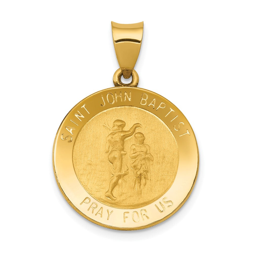 14k Yellow Gold Polished and Satin St John Baptist Medal Hollow Engravable Charm Pendant Jewelry Gifts (Length 1.07" Width 0.74")