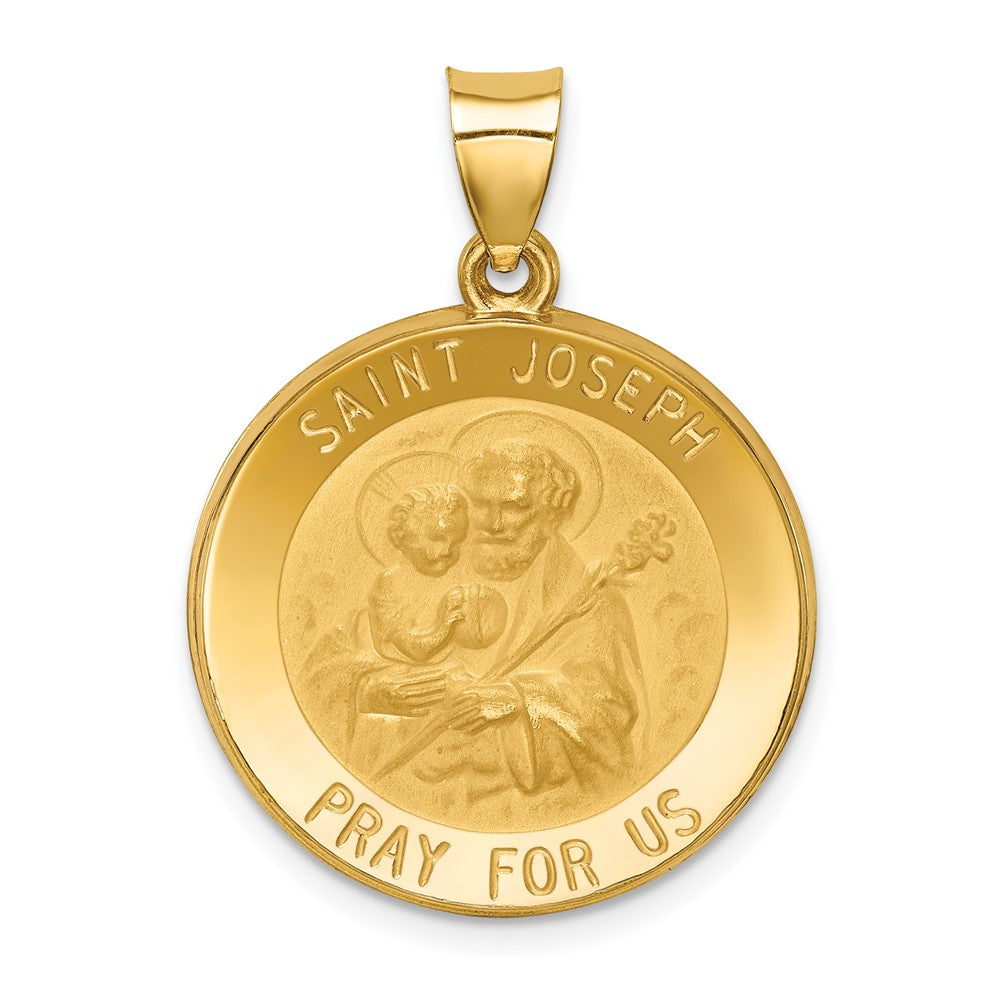 14k Yellow Gold Polished and Satin St Joseph Medal Hollow Engravable Charm Pendant Jewelry Gifts (Length 1.17" Width 0.87")