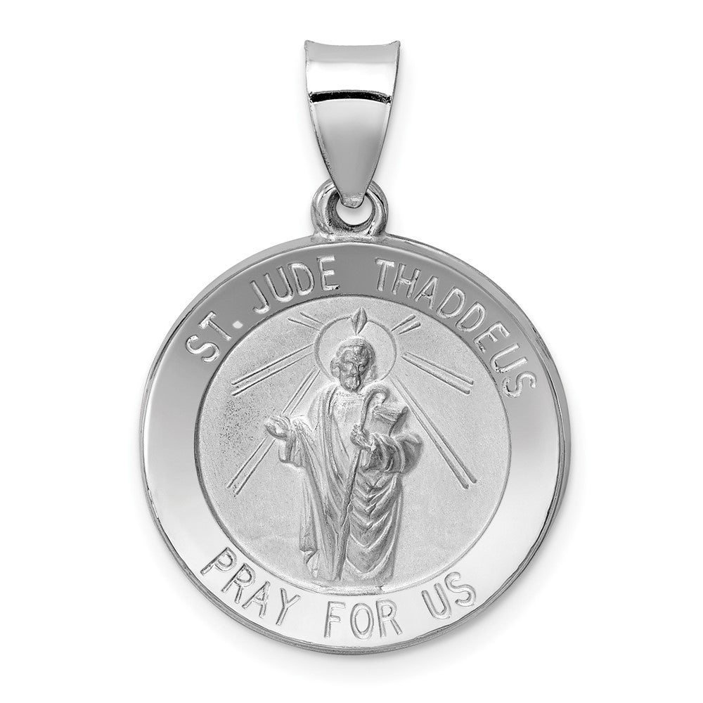 14k White Gold Polish Satin St Jude Thaddeus Medal Hollow Engravable Charm Pendant Jewelry Gifts (Length 1.05" Width 0.74")
