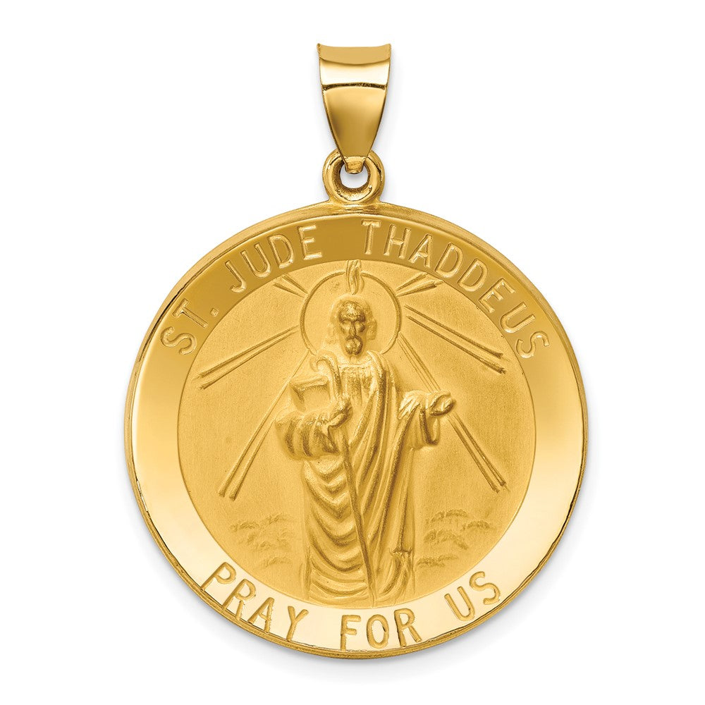 14k Yellow Gold Polished and Satin St Jude Thaddeus Medal Hollow Engravable Charm Pendant Jewelry Gifts (Length 1.33" Width 0.99")