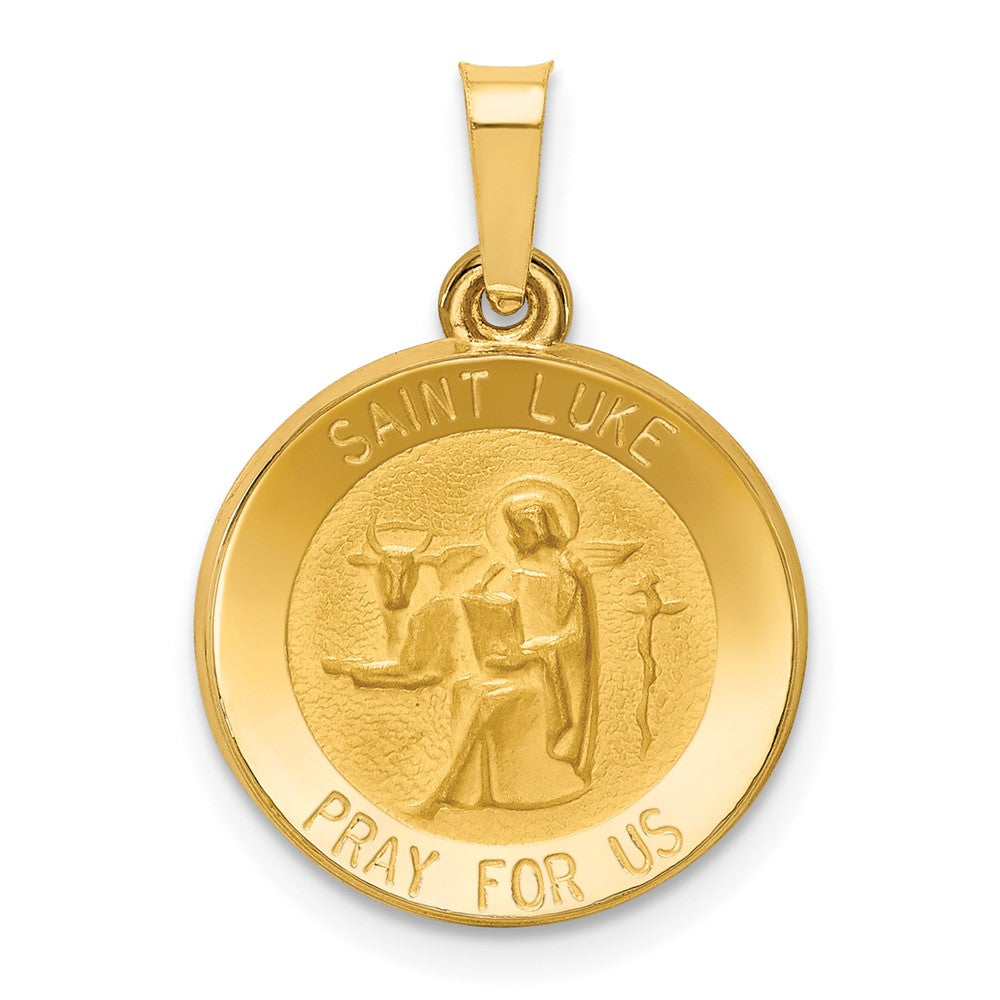 14k Yellow Gold Polished and Satin St Luke Medal Hollow Engravable Charm Pendant Jewelry Gifts (Length 0.85" Width 0.59")