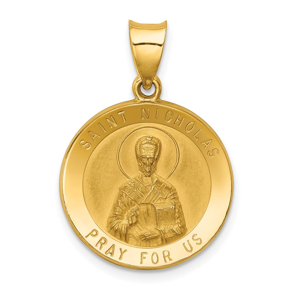 14k Yellow Gold Polished and Satin St Nicholas Medal Hollow Engravable Charm Pendant Jewelry Gifts (Length 0.82" Width 0.74")