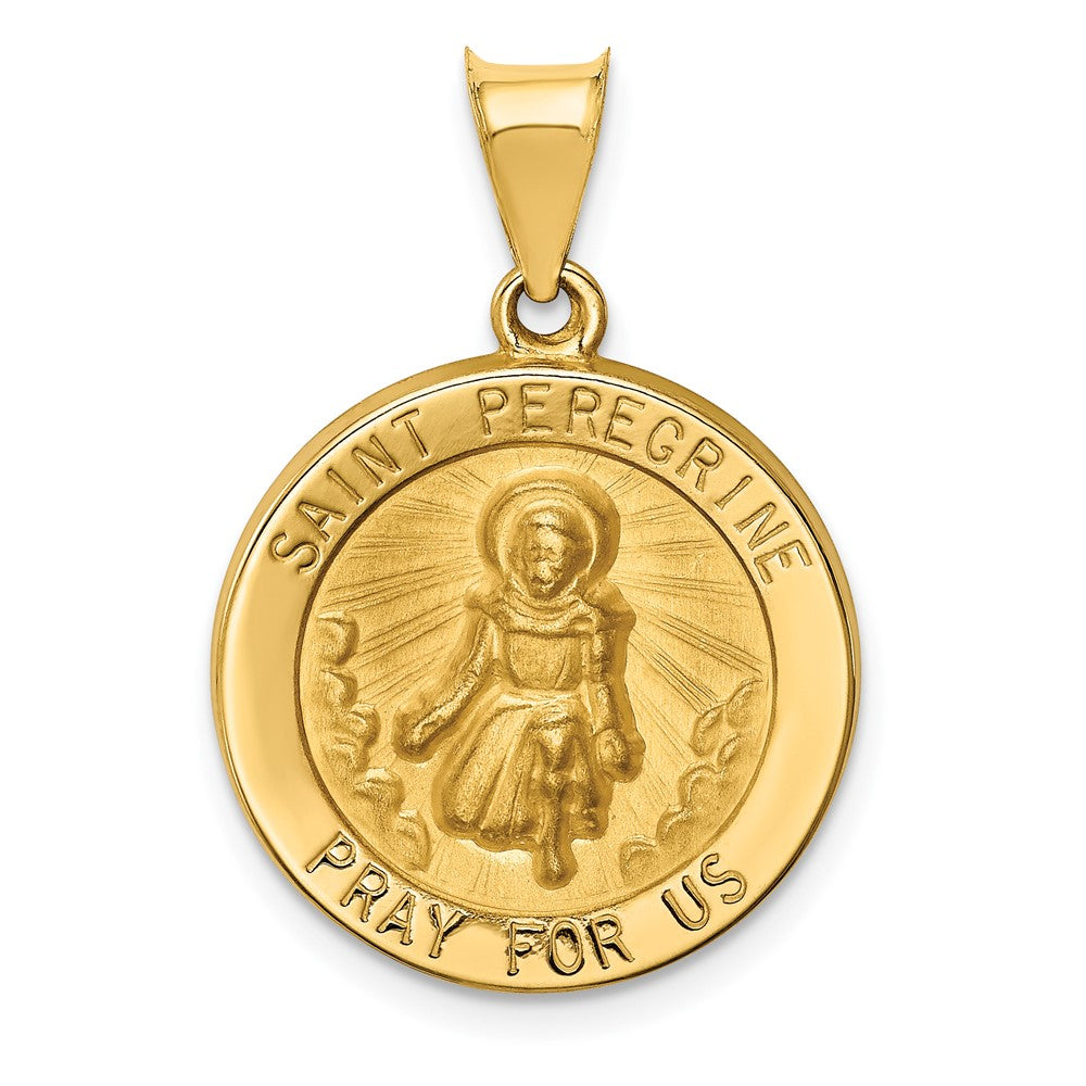 14k Yellow Gold Polished and Satin St Peregrine Medal Hollow Engravable Charm Pendant Jewelry Gifts (Length 0.82" Width 0.74")