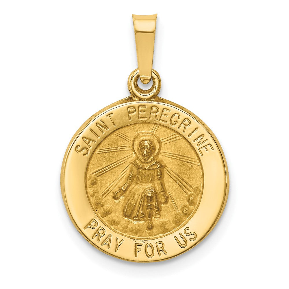 14k Yellow Gold Polished and Satin St Peregrine Medal Hollow Engravable Charm Pendant Jewelry Gifts (Length 0.7" Width 0.59")