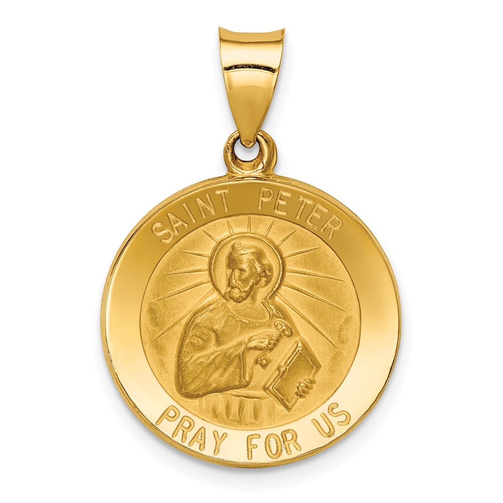 14k Yellow Gold Polished and Satin St Peter Medal Hollow Engravable Charm Pendant Jewelry Gifts (Length 0.86" Width 0.78")