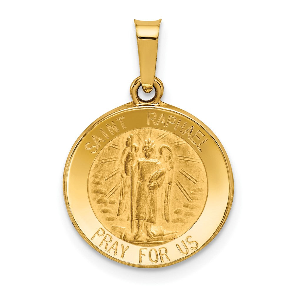 14k Yellow Gold Polished and Satin St Raphael Medal Hollow Engravable Charm Pendant Jewelry Gifts (Length 0.7" Width 0.62")