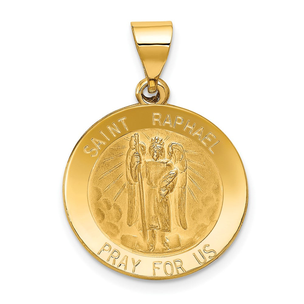 14k Yellow Gold Polished and Satin St Raphael Medal Hollow Engravable Charm Pendant Jewelry Gifts (Length 0.86" Width 0.78")
