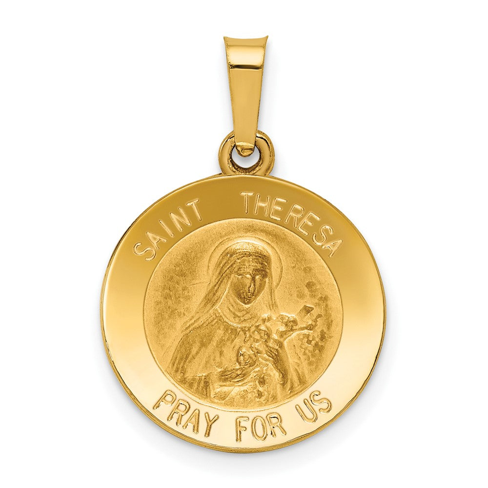 14k Yellow Gold Polished and Satin St Theresa Medal Hollow Engravable Charm Pendant Jewelry Gifts (Length 0.7" Width 0.59")