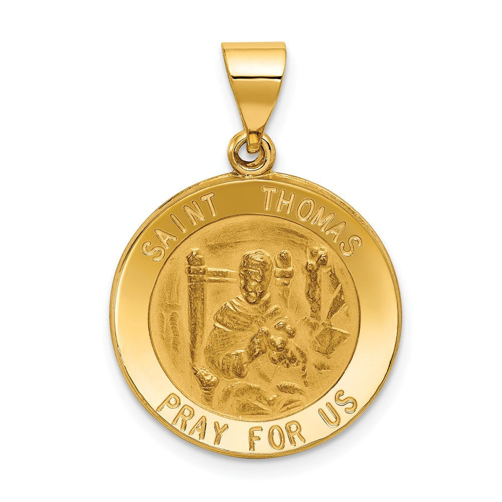 14k Yellow Gold Polished and Satin St Thomas Medal Hollow Engravable Charm Pendant Jewelry Gifts (Length 0.86" Width 0.78")