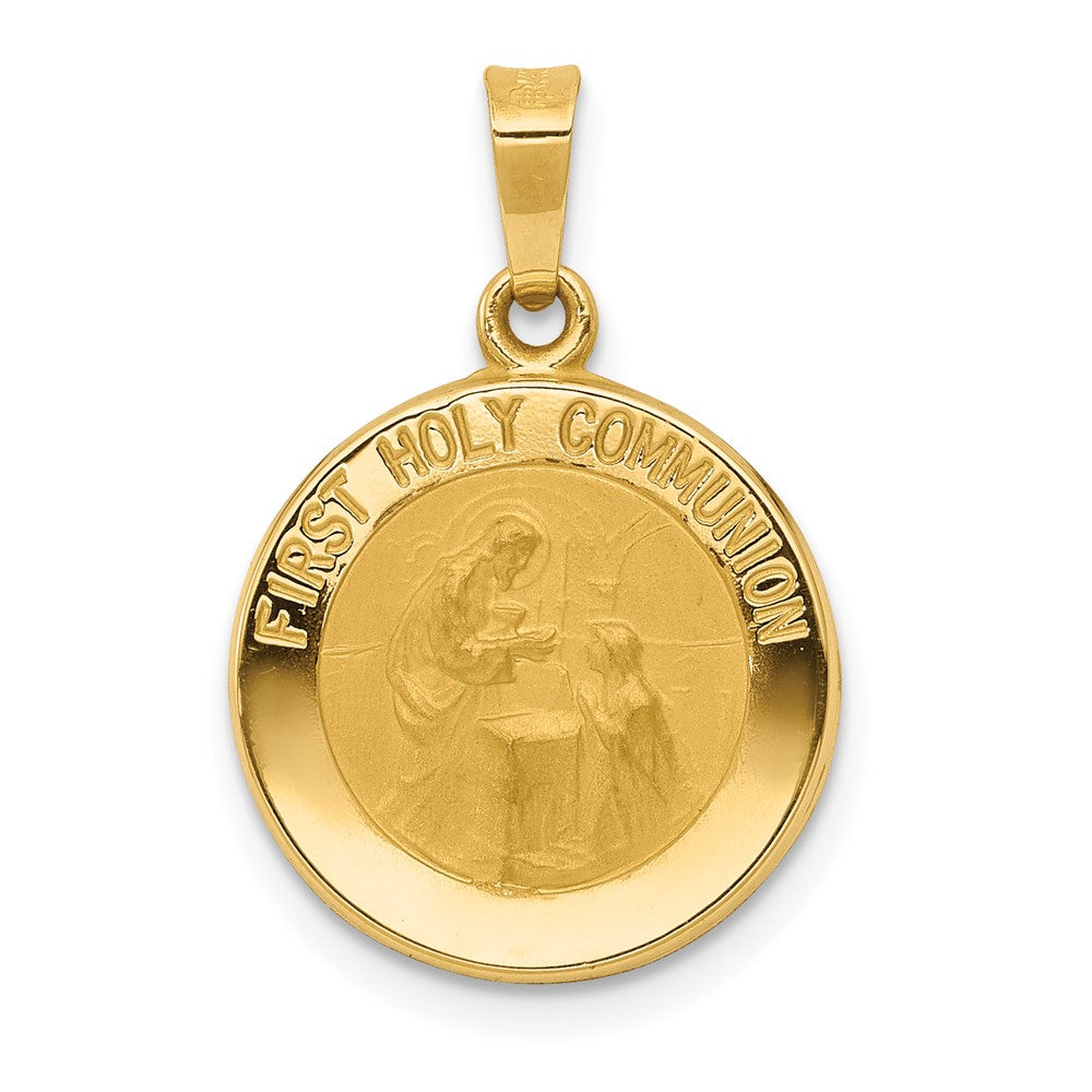 14k Yellow Gold Polished Satin First Holy Communion Medal Hollow Engravable Charm Pendant Jewelry Gifts (Length 0.62" Width 0.59")