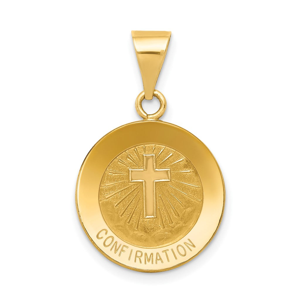 14k Yellow Gold Polished and Satin Confirmation Medal Hollow Engravable Charm Pendant Jewelry Gifts (Length 0.66" Width 0.59")