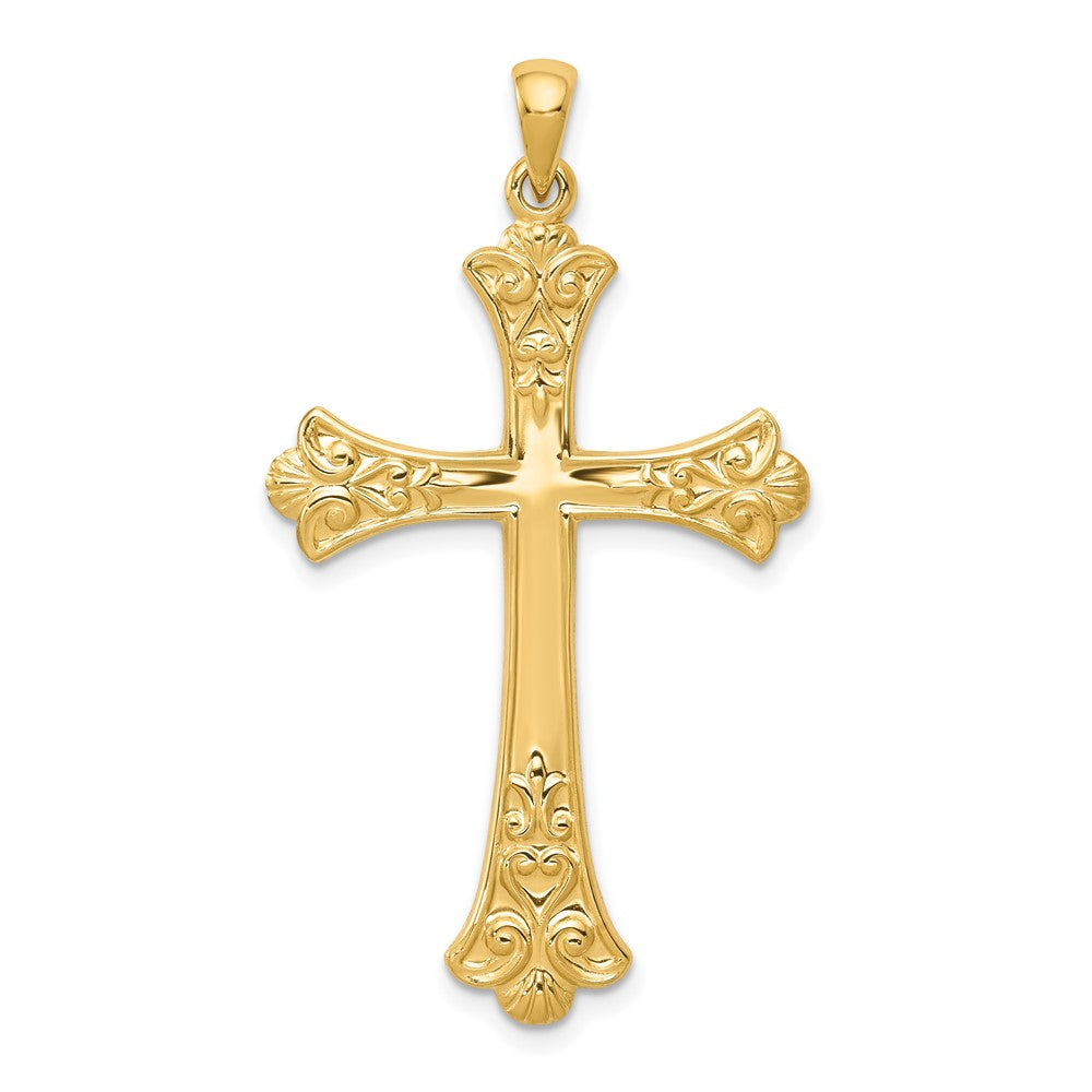 14k Yellow Gold Fleur De Lis Crucifix CrossEngravable Charm Pendant Jewelry Gifts (Length 1.79" Width 0.98")