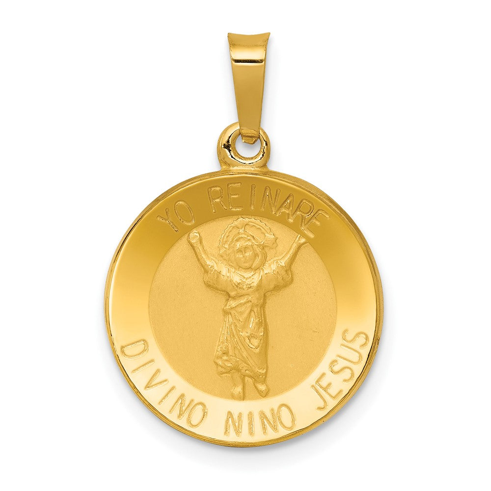 14k Yellow Gold Polished Satin Hollow Divino Nino Round Medal Engravable Charm Pendant Jewelry Gifts (Length 0.6" Width 0.6")