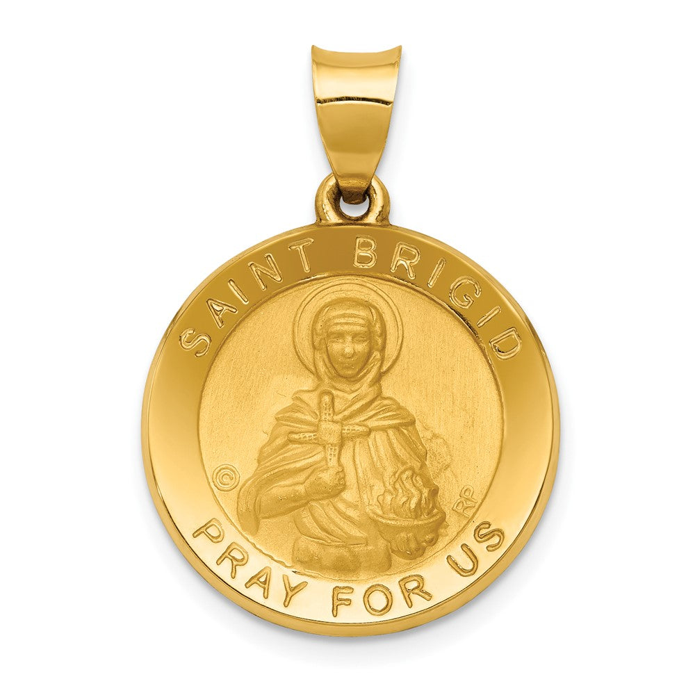 14k Yellow Gold Polished Satin St. Brigid Hollow Medal Engravable Charm Pendant Jewelry Gifts (Length 1.06" Width 0.74")