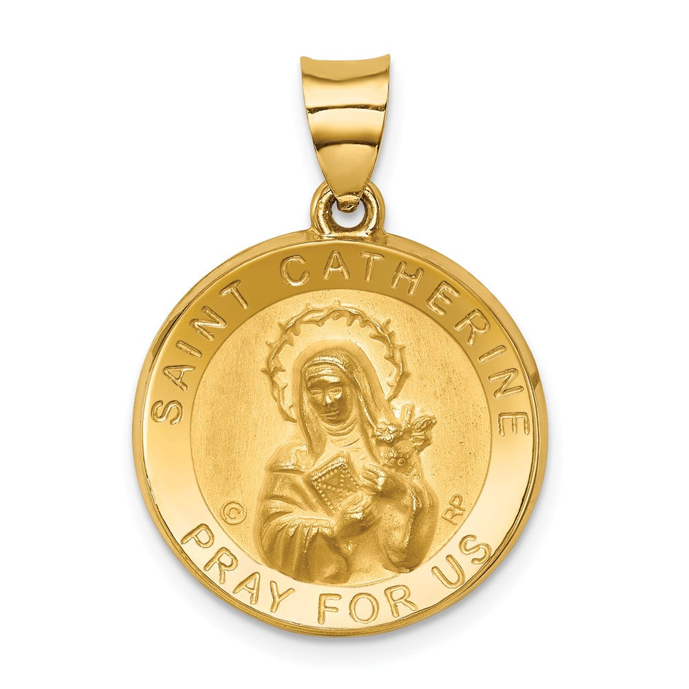 14k Yellow Gold Polished Satin St. Catherine Hollow Medal Engravable Charm Pendant Jewelry Gifts (Length 1.06" Width 0.74")