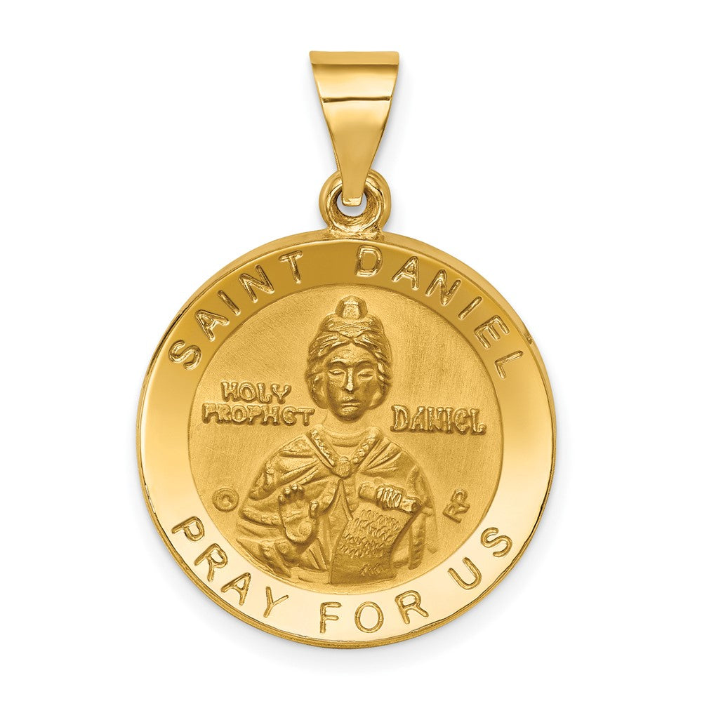 14k Yellow Gold Polished Satin St. Daniel Hollow Medal Engravable Charm Pendant Jewelry Gifts (Length 1.05" Width 0.73")