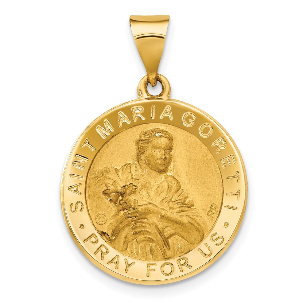 14k Yellow Gold Polished Satin St. Maria Goretti Hollow Medal Engravable Charm Pendant Jewelry Gifts (Length 0.98" Width 0.73")