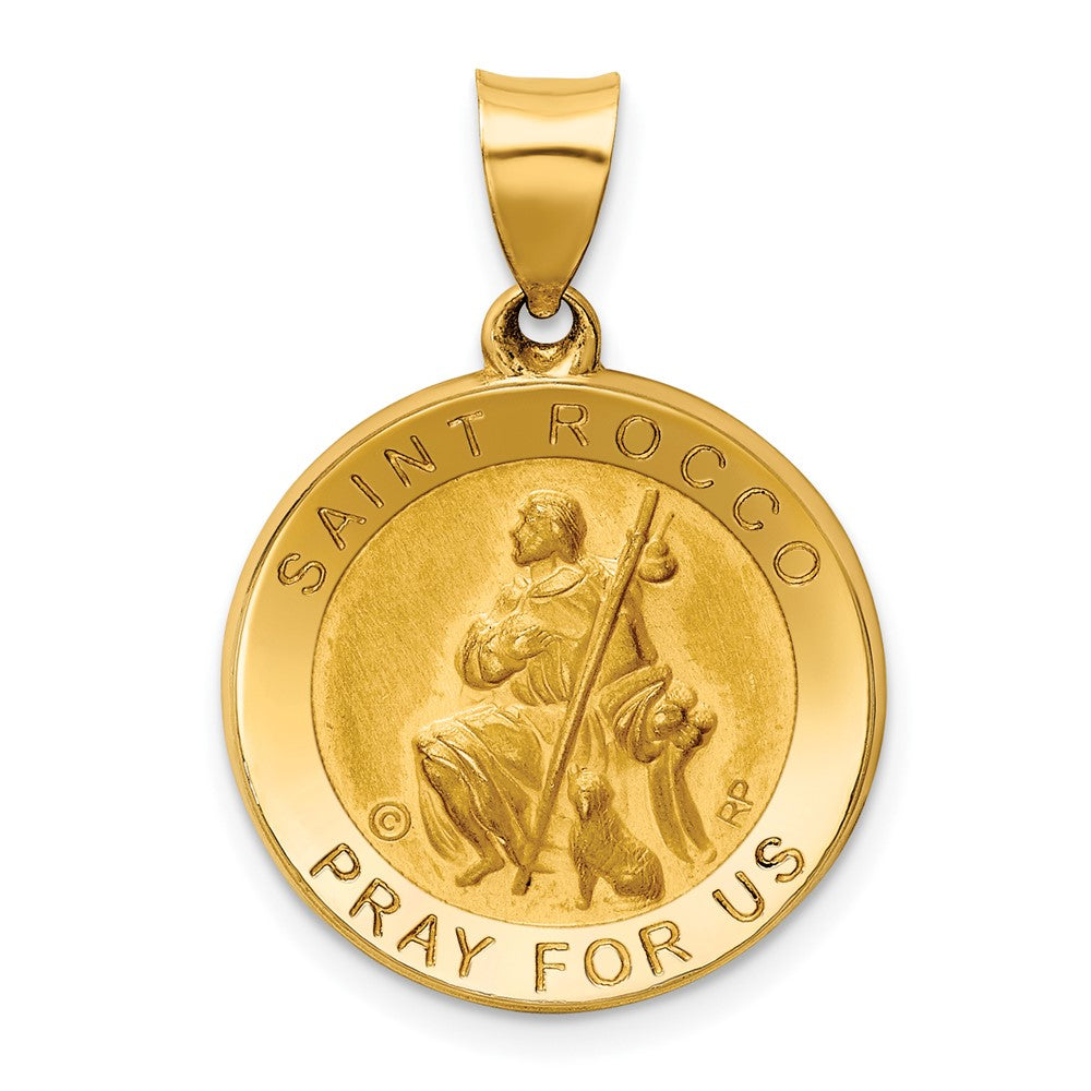 14k Yellow Gold Polished Satin St. Rocco Hollow Medal Engravable Charm Pendant Jewelry Gifts (Length 1.03" Width 0.73")