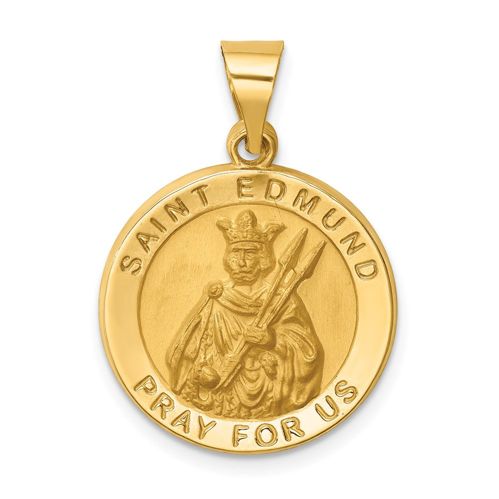 14k Yellow Gold Hollow Polished Satin Round St. Edmund Medal Engravable Charm Pendant Jewelry Gifts (Length 1.01" Width 0.73")