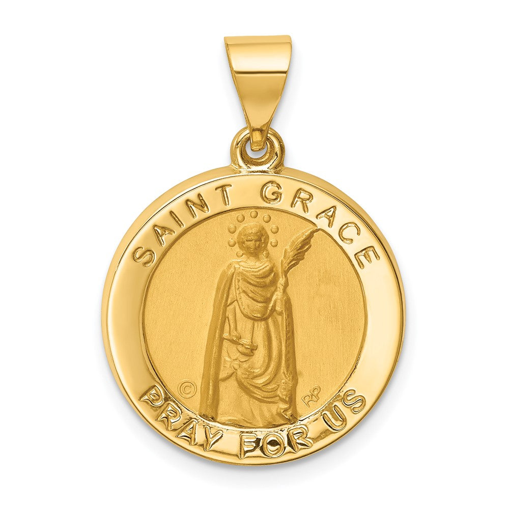 14k Yellow Gold Hollow Polished Satin Round St. Grace Medal Engravable Charm Pendant Jewelry Gifts (Length 1.03" Width 0.74")