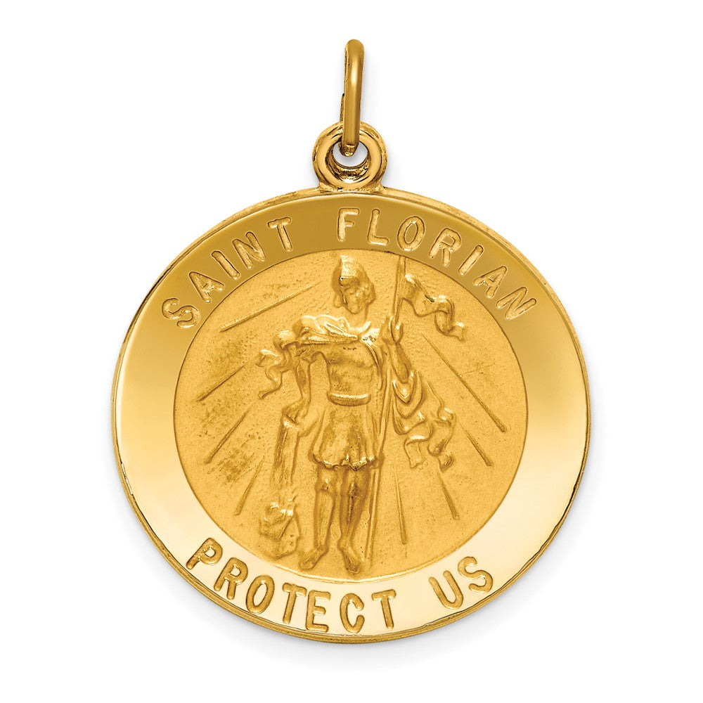 14k Yellow Gold Polished Satin Round St. Florian Medal Engravable Charm Pendant Jewelry Gifts (Length 1.08" Width 0.87")