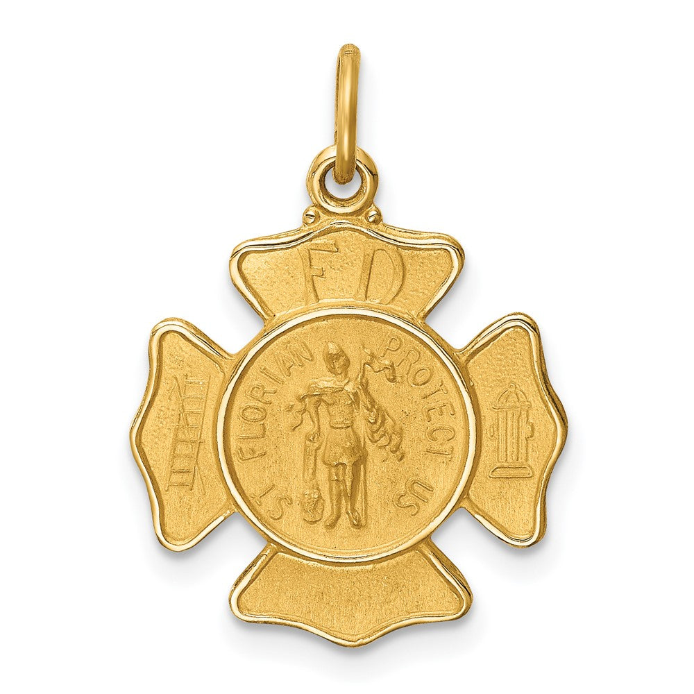 14k Yellow Gold Polished Satin Small St. Florian Fire Dept. Badge Medal Engravable Charm Pendant Jewelry Gifts (Length 0.9" Width 0.66")