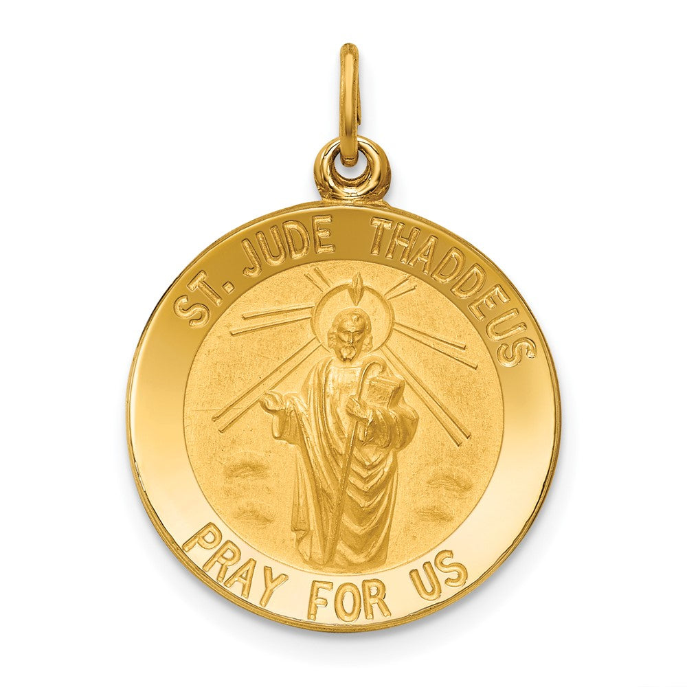 14k Yellow Gold Polished Satin Small Round St. Jude Thaddeus Medal Engravable Charm Pendant Jewelry Gifts (Length 0.98" Width 0.7")