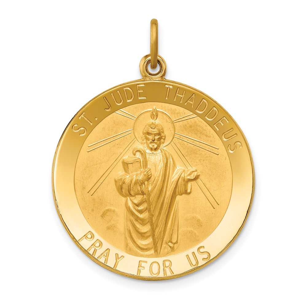 14k Yellow Gold Polished Satin Large Round St. Jude Thaddeus Medal Engravable Charm Pendant Jewelry Gifts (Length 1.23" Width 0.95")