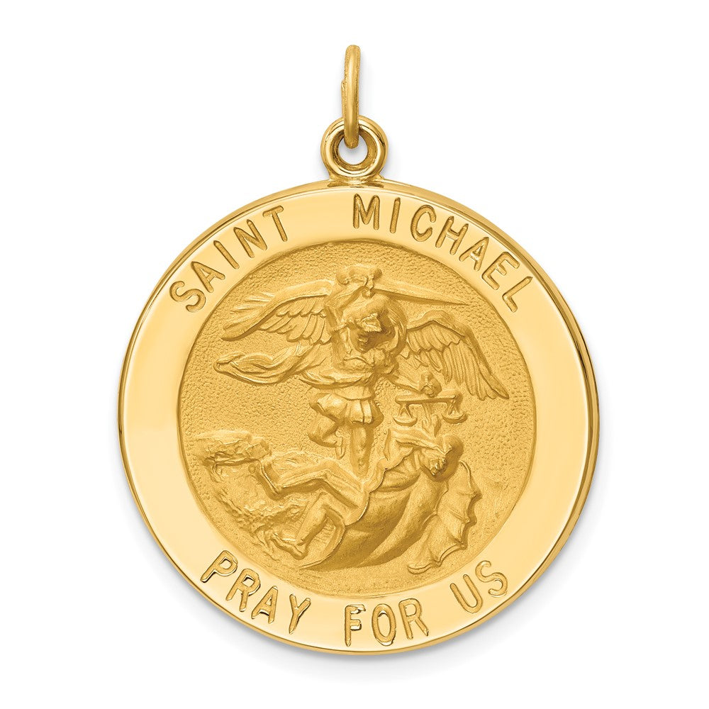 14k Yellow Gold Polished Satin Large Round St. Michael Medal Engravable Charm Pendant Jewelry Gifts (Length 1.17")