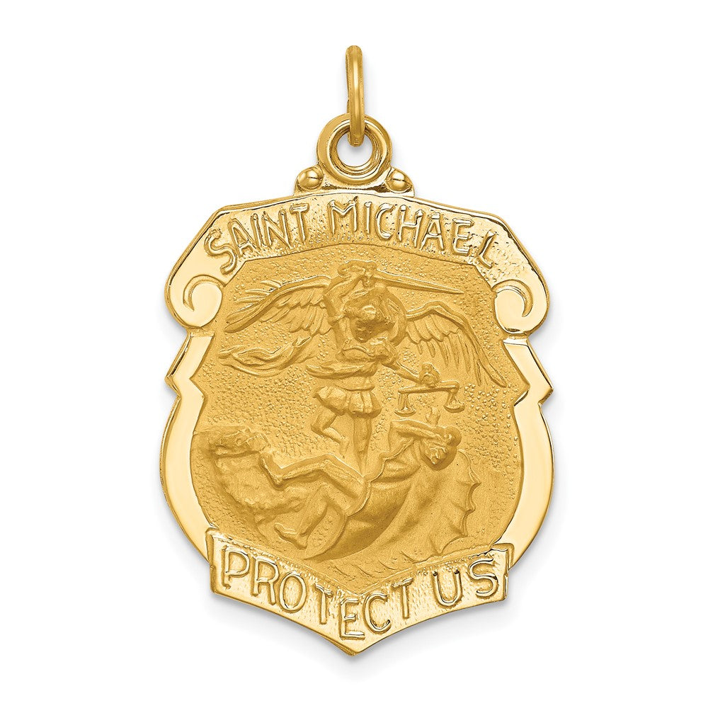 14k Yellow Gold Polished Satin Large St. Michael Badge Medal Engravable Charm Pendant Jewelry Gifts (Length 1.13")