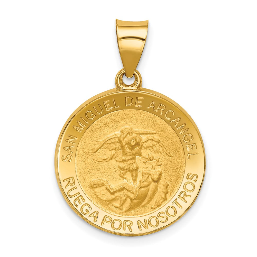 14k Yellow Gold Hollow Polished Satin Round Spanish San Miguel Medal Engravable Charm Pendant Jewelry Gifts (Length 0.99")