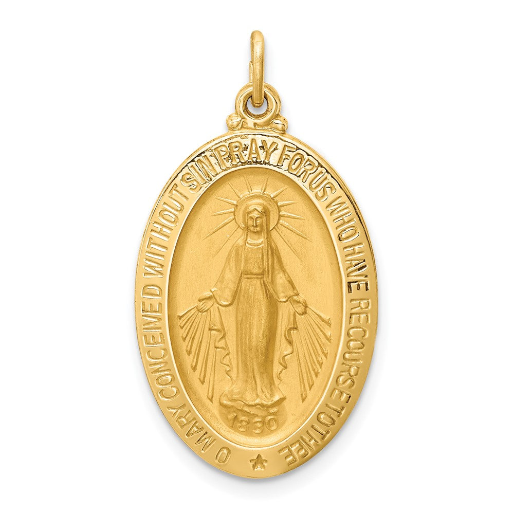 14k Yellow Gold Polished Satin Medium Oval Miraculous Medal Engravable Charm Pendant Jewelry Gifts (Length 1.16" Width 0.64")