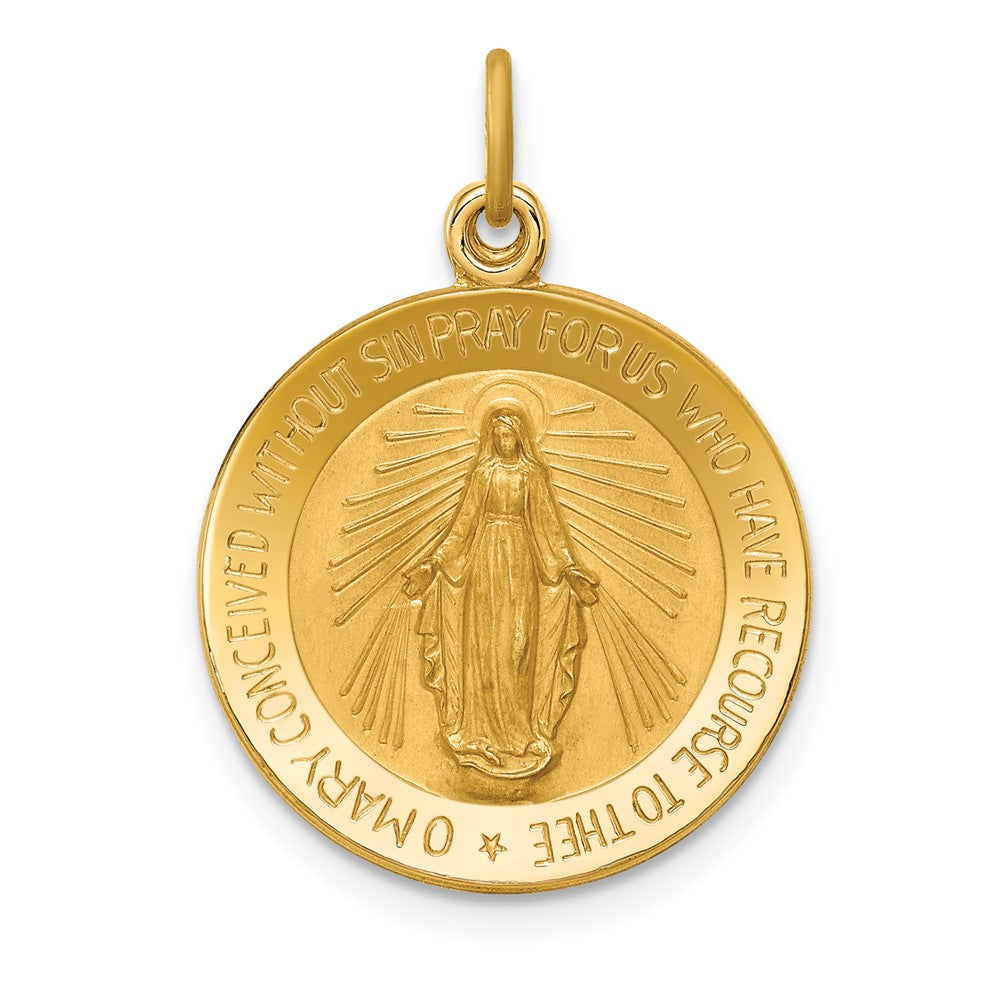14k Yellow Gold Polished Satin Small Round Miraculous Medal Engravable Charm Pendant Jewelry Gifts (Length 0.99" Width 0.72")