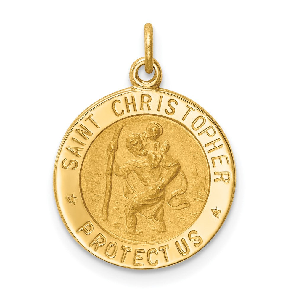 14k Yellow Gold Polished Satin Small Round St. Christopher Medal Engravable Charm Pendant Jewelry Gifts (Length 0.78" Width 0.59")