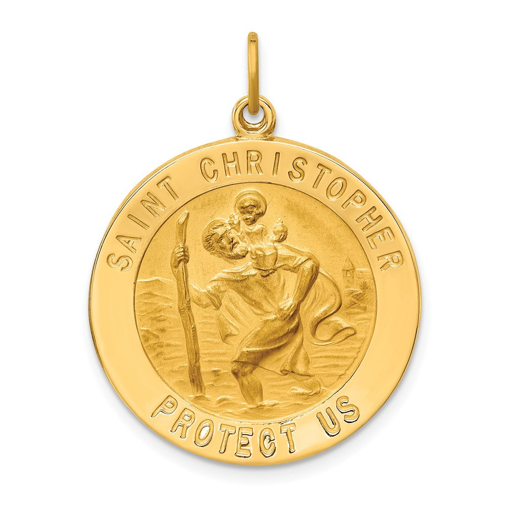 14k Yellow Gold Polished Satin Large Round St. Christopher Medal Engravable Charm Pendant Jewelry Gifts (Length 1.24" Width 0.96")