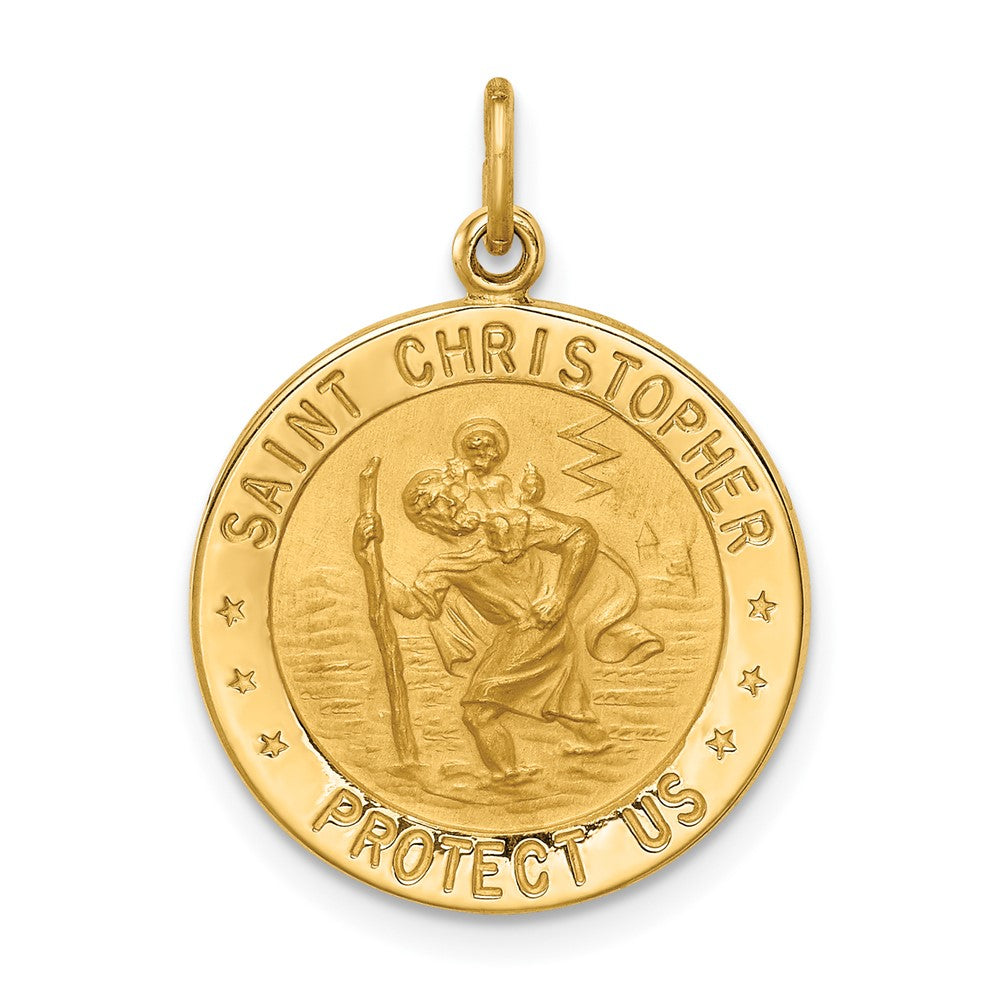 14k Yellow Gold Polished Satin Small Round St. Christopher Medal Engravable Charm Pendant Jewelry Gifts (Length 0.94" Width 0.68")