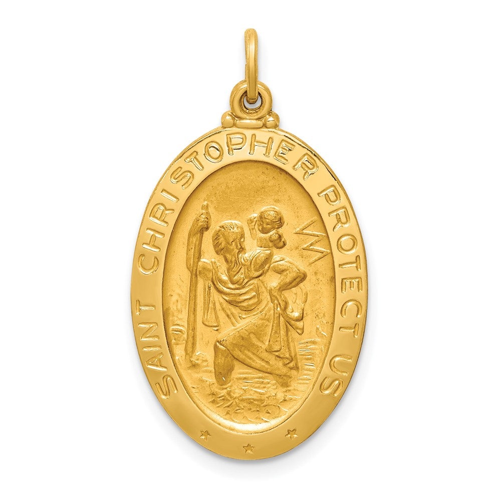 14k Yellow Gold Polished Satin Medium Oval St. Christopher Medal Engravable Charm Pendant Jewelry Gifts (Length 1.17" Width 0.64")