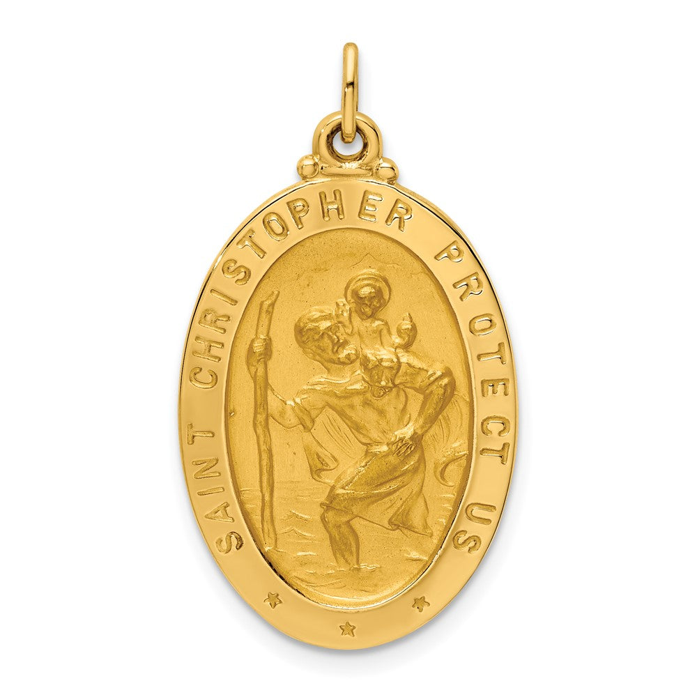 14k Yellow Gold Polished Satin Medium Oval St. Christopher Medal Engravable Charm Pendant Jewelry Gifts (Length 1.23" Width 0.69")