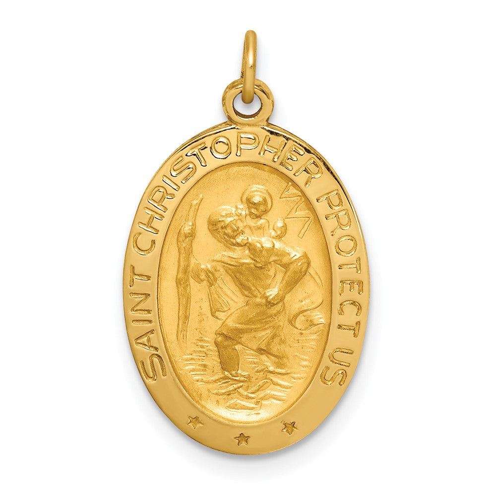 14k Yellow Gold Polished Satin Small Oval St. Christopher Medal Engravable Charm Pendant Jewelry Gifts (Length 0.92" Width 0.54")