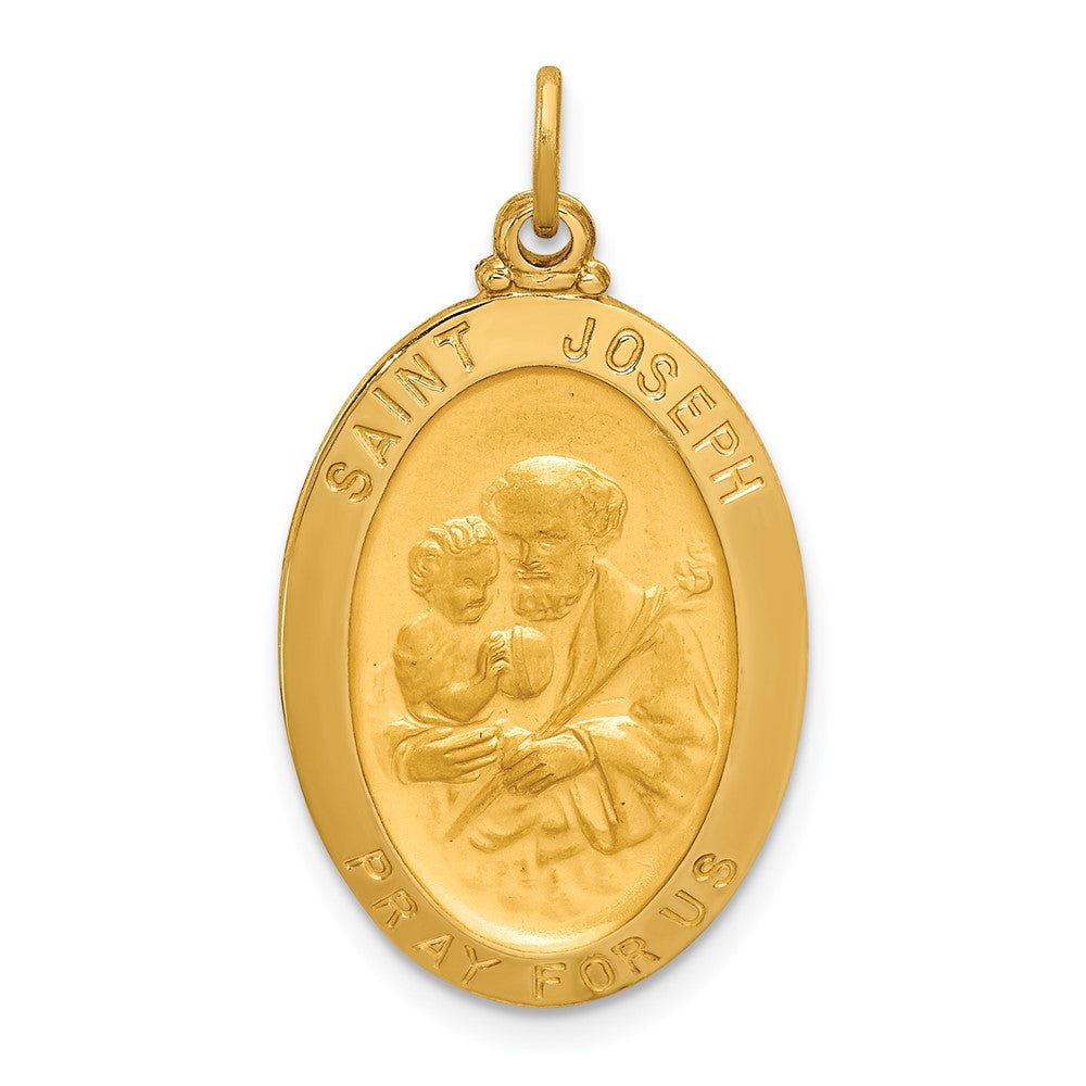 14k Yellow Gold Polished Satin Oval St. Joseph Medal Engravable Charm Pendant Jewelry Gifts (Length 1.15" Width 0.65")