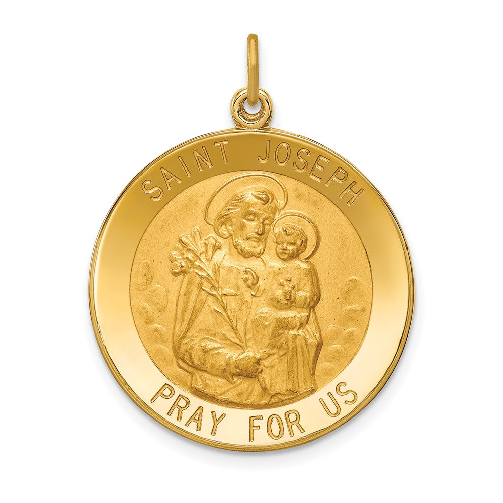 14k Yellow Gold Polished Satin Large Round St. Joseph Medal Engravable Charm Pendant Jewelry Gifts (Length 1.21" Width 0.94")