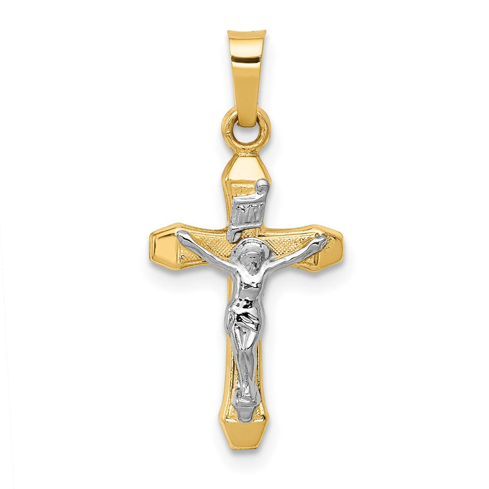 14k Two Tone Yellow and White Gold INRI Hollow Crucifix Engravable Charm Pendant Jewelry Gifts (Length 0.98" Width 0.47")
