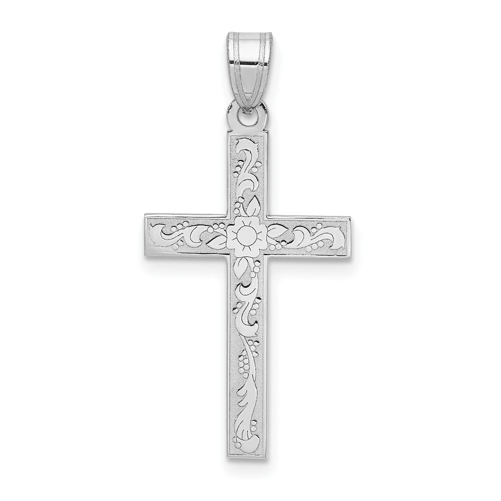 14k White Gold Floral Crucifix CrossEngravable Charm Pendant Jewelry Gifts (Length 1.13" Width 0.55")