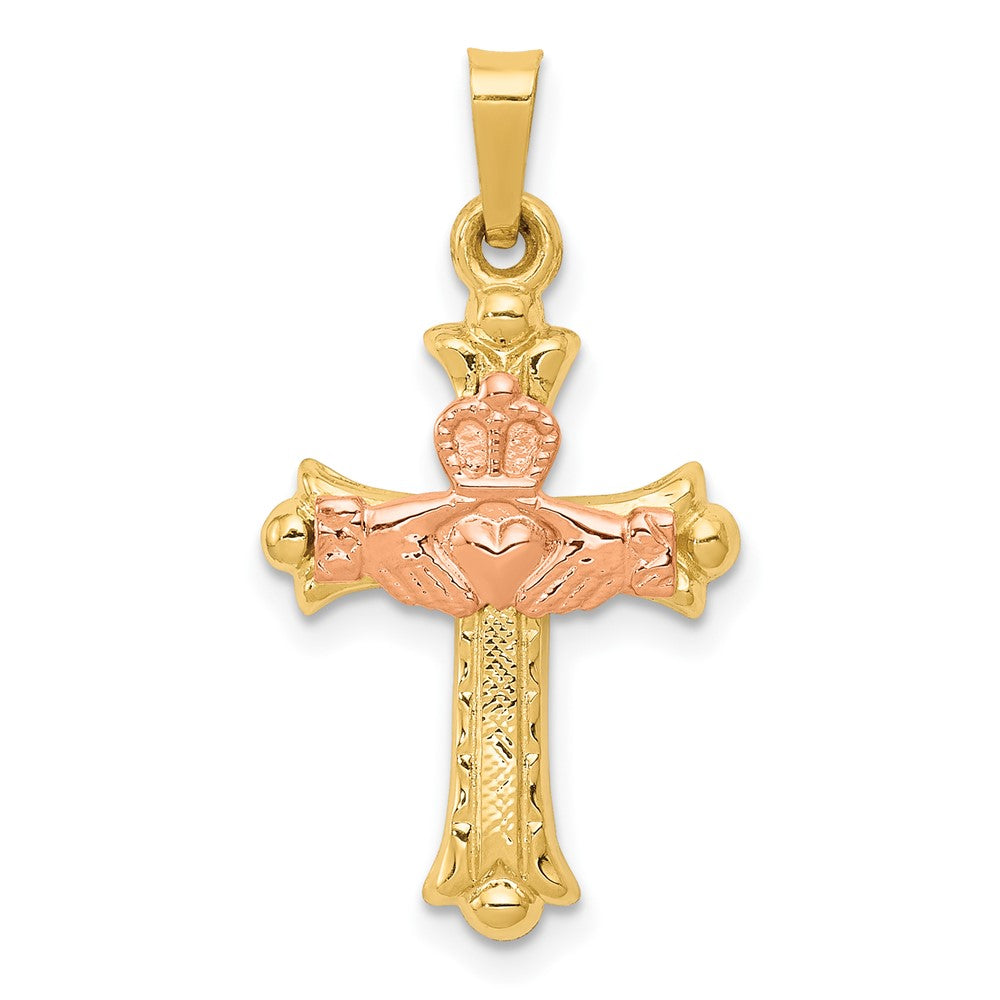 14K Two Tone Yellow and Rose Gold Claddagh Crucifix CrossEngravable Charm Pendant Jewelry Gifts (Length 1.09" Width 0.59")