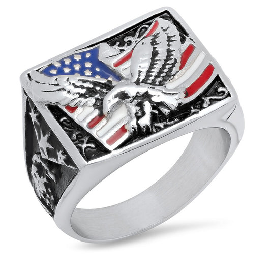 Stainless Steel Mens Black -Tone American Eagle Fashion Ring