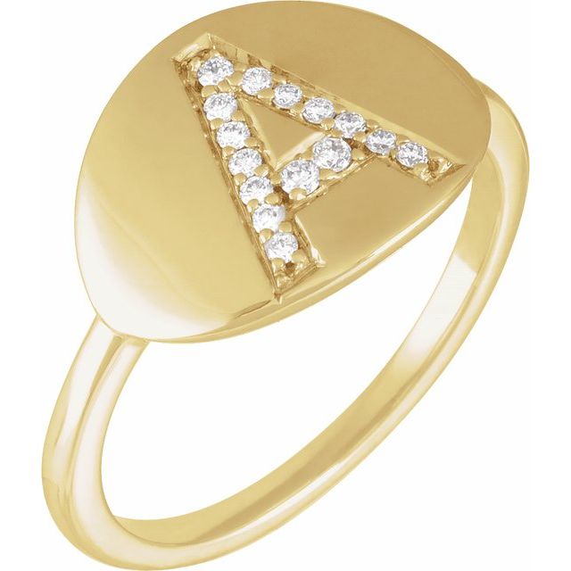 14K Yellow Or White Gold Round I1, H+ Polished Natural Diamond Initial A Signet Ring